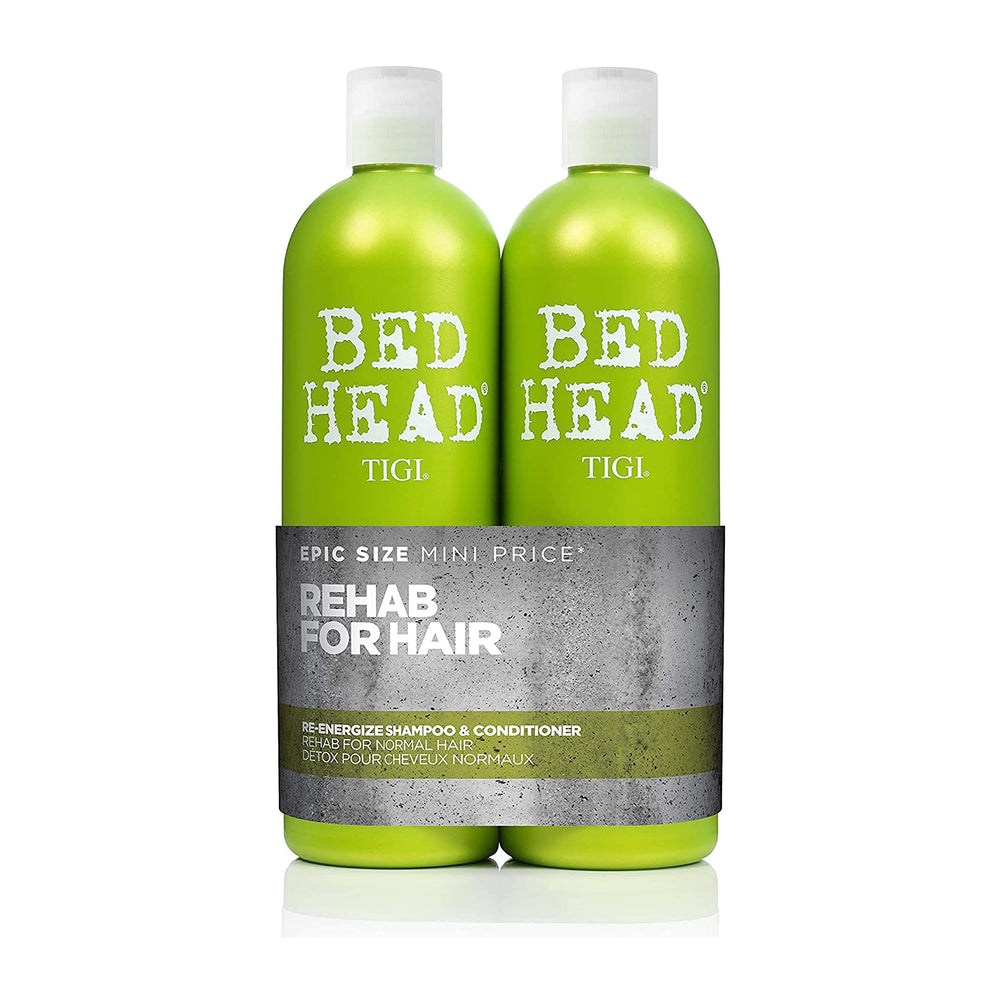Bed Head Re-Energize shampoo bottle pouring delivers deep cleansing for daily haircare
