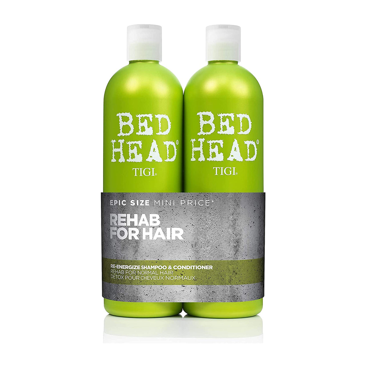 Bed Head Re-Energize shampoo bottle pouring delivers deep cleansing for daily haircare