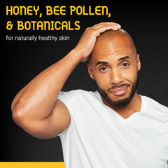 Bee Bald HEAL aftershave jar closeup highlights honey-bee pollen formula for calm skin.