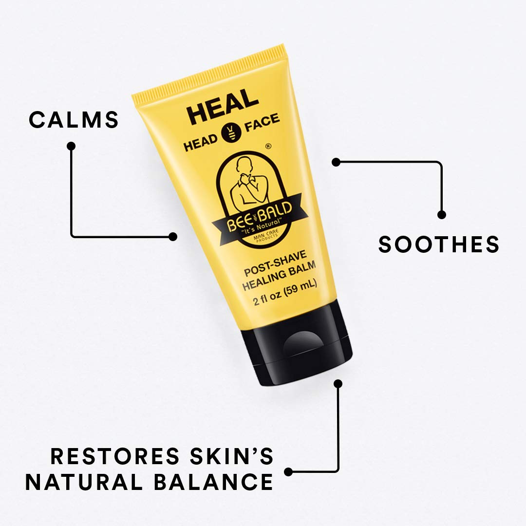 Bee Bald HEAL aftershave long-term-use scene shows at-home grooming ritual.