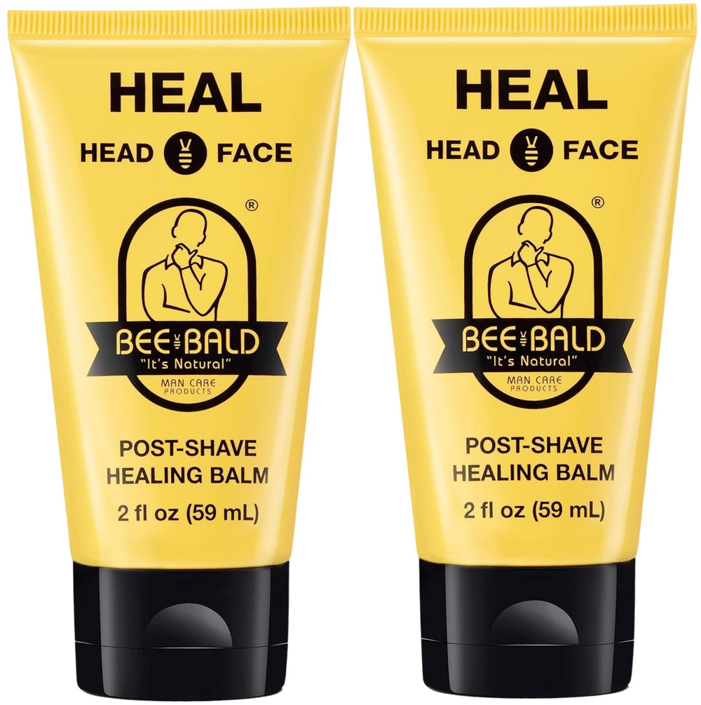 Bee Bald HEAL aftershave pack shot shows soothing balm for quick relief after shaving.
