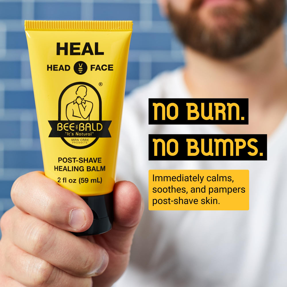Bee Bald HEAL aftershave spread on skin demonstrates light, non-sticky post-shave care.