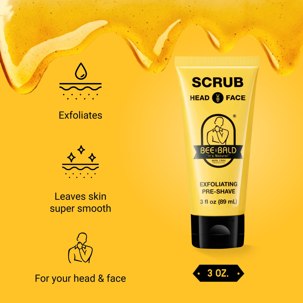 Bee Bald SCRUB application demonstrates gentle exfoliation and skin priming for shaving.
