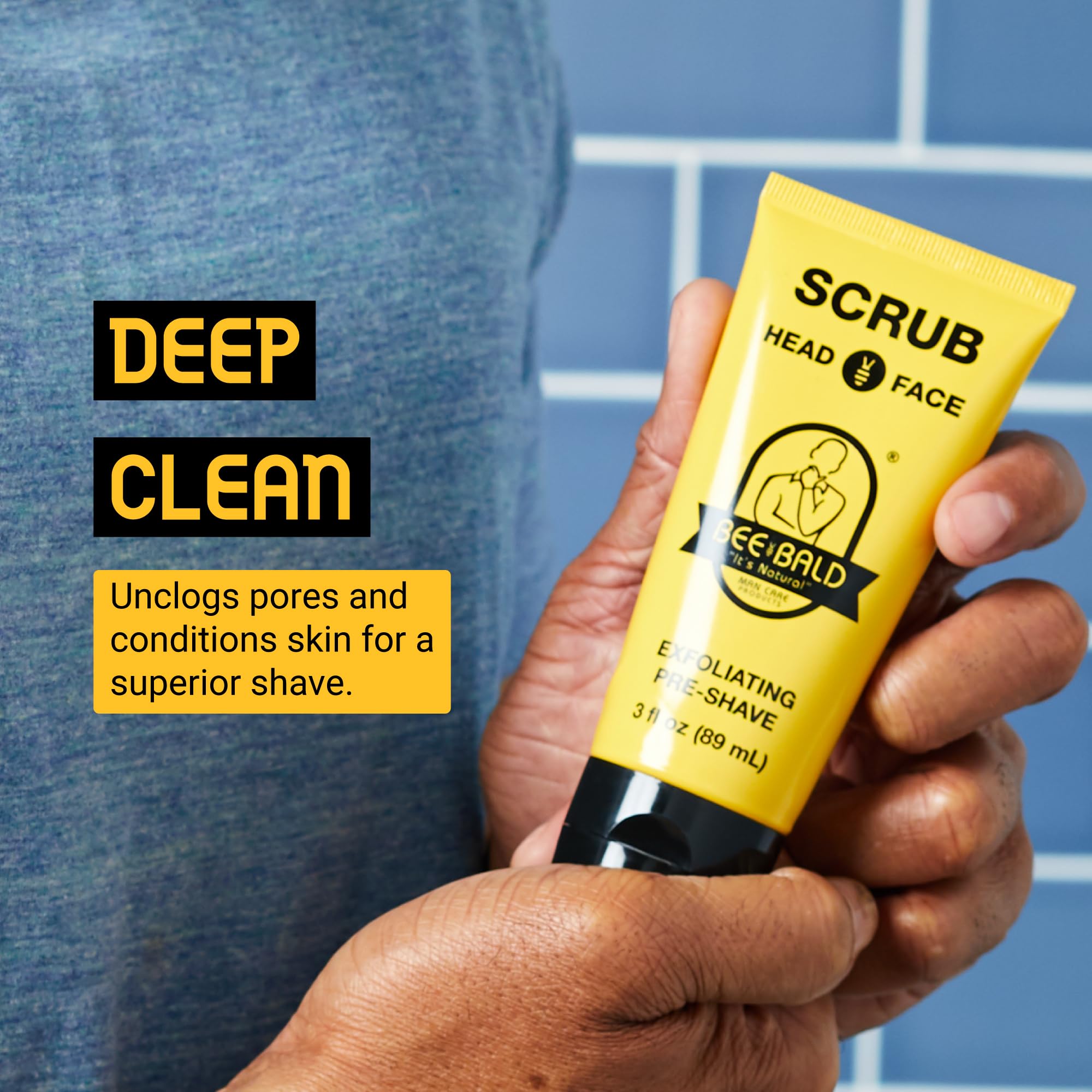 Bee Bald SCRUB texture with visible grains ideal for lifting hair and cleansing pores.