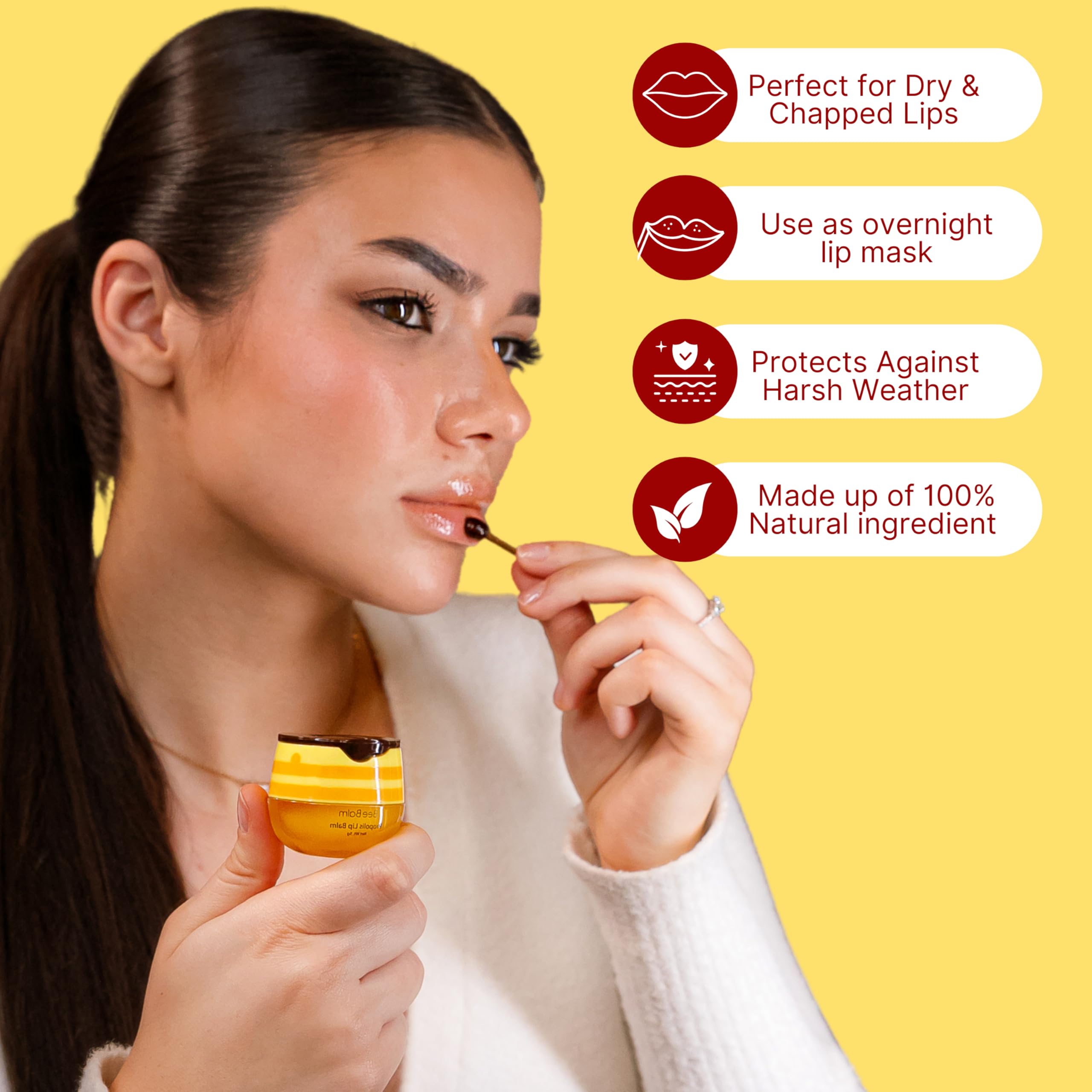 Bee Balm Original lip balm honey-propolis ingredients inset highlights nourishment.
