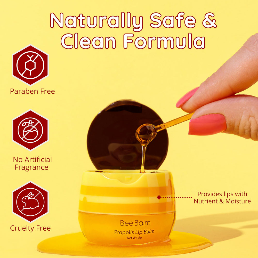 Bee Balm Original lip balm organic honey drops illustrate hydration.