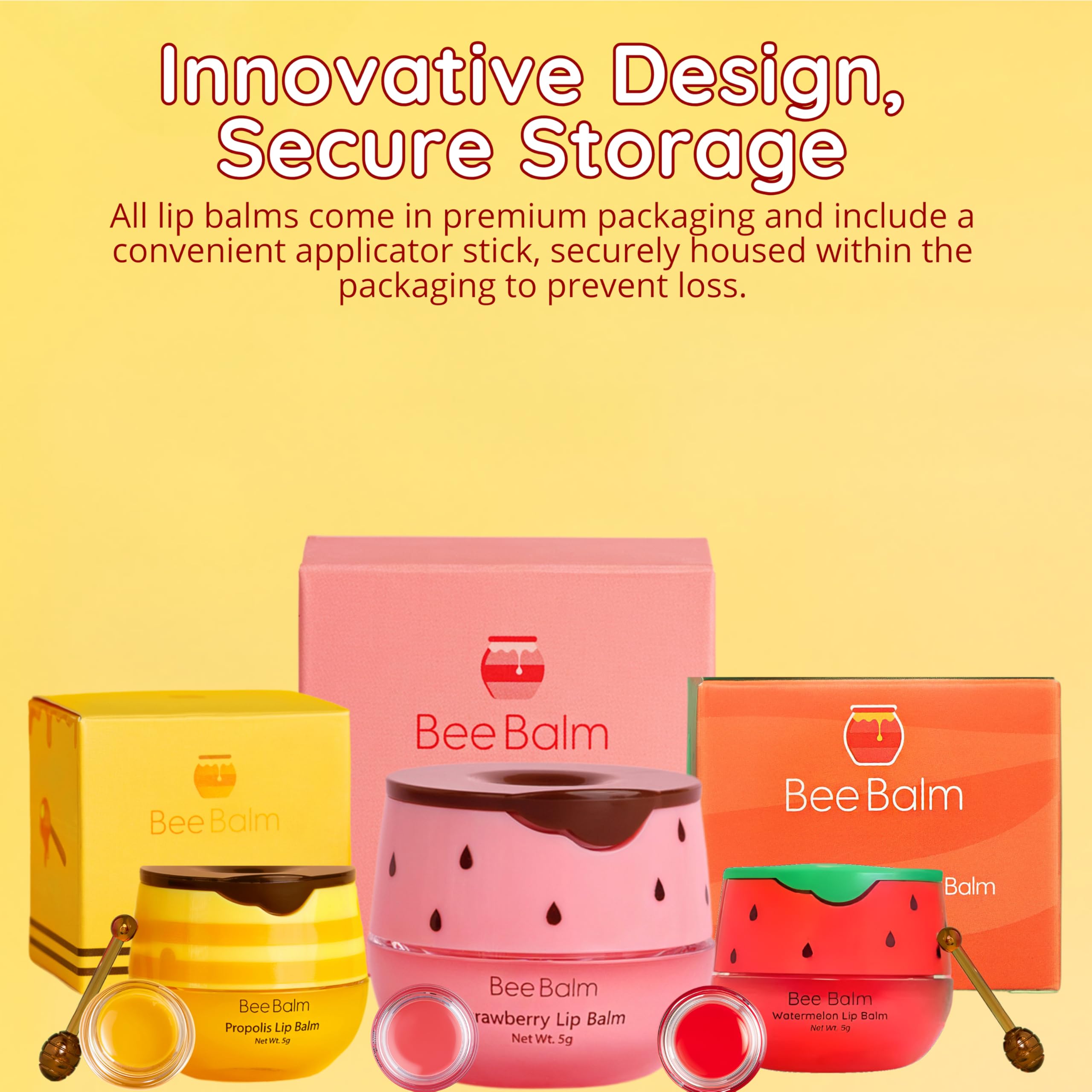 Bee Balm Original lip balm pot close-up highlights natural honey and propolis benefits.