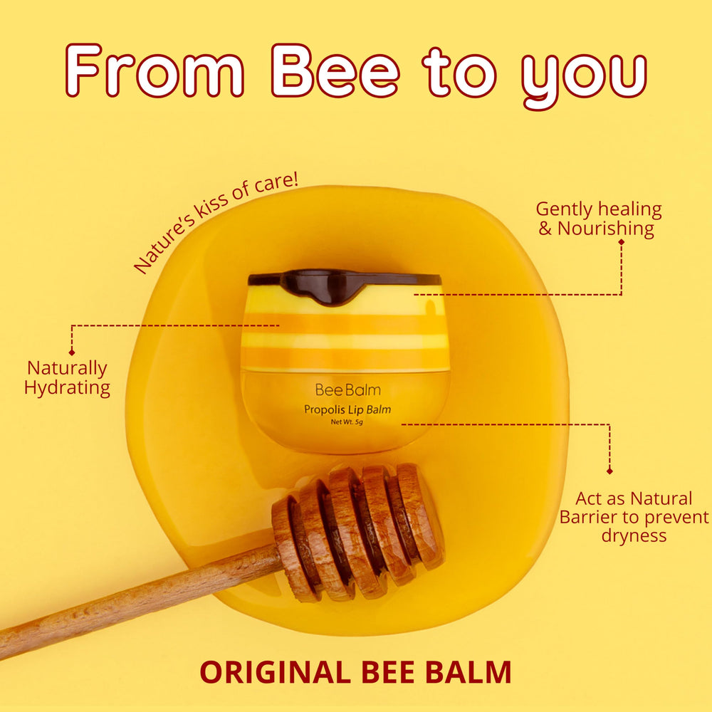 Bee Balm Original lip balm tin packaging and natural ingredients.