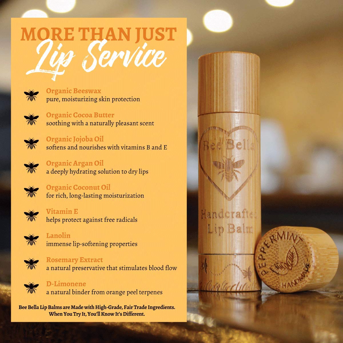 Bee Bella Lip Balm Peppermint gift wrap display suggests ideal stocking stuffer and holiday gifting.