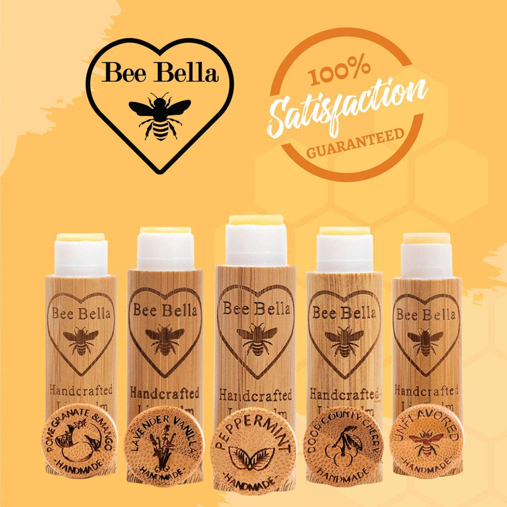 Bee Bella Lip Balm Peppermint packaging shot emphasizes 3 pack and long lasting moisture.