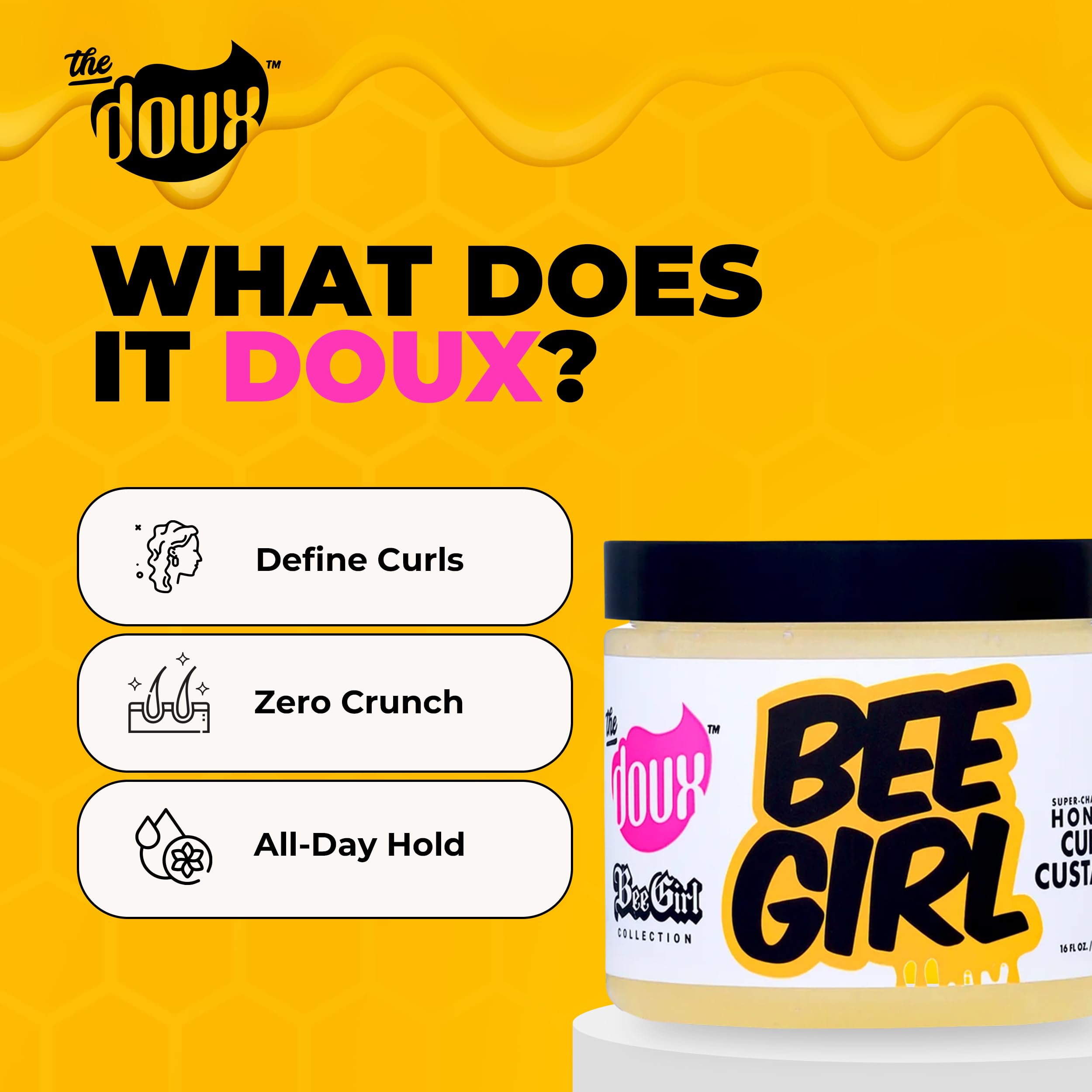 The Doux Bee Girl Honey Custard application on hair demonstrates smooth non crunch definition