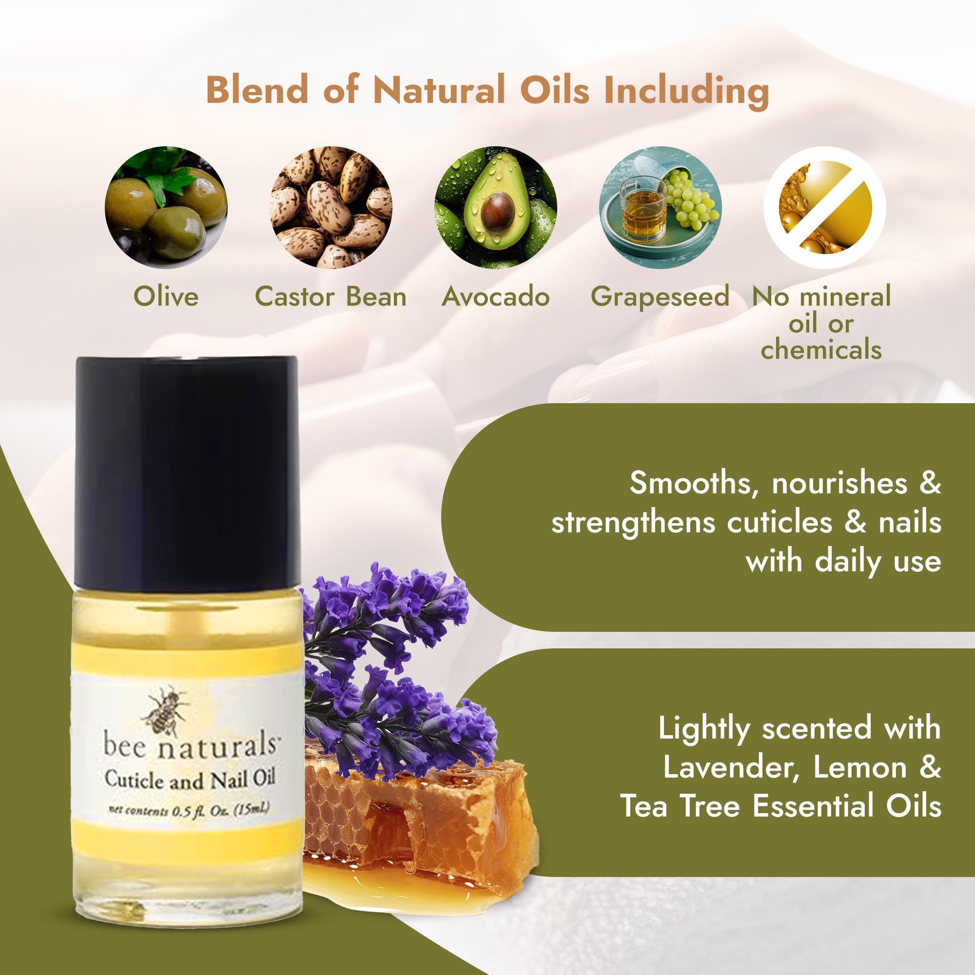 Bee Naturals Nail & Cuticle Oil ingredients avocado and castor for deep moisture.