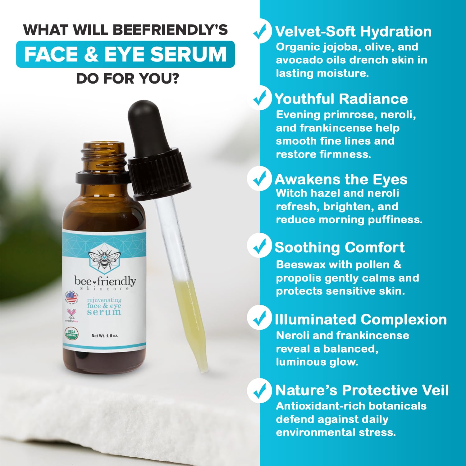 BeeFriendly serum close-up shows organic ingredients supporting antioxidant protection.