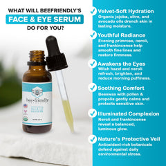 BeeFriendly serum close-up shows organic ingredients supporting antioxidant protection.