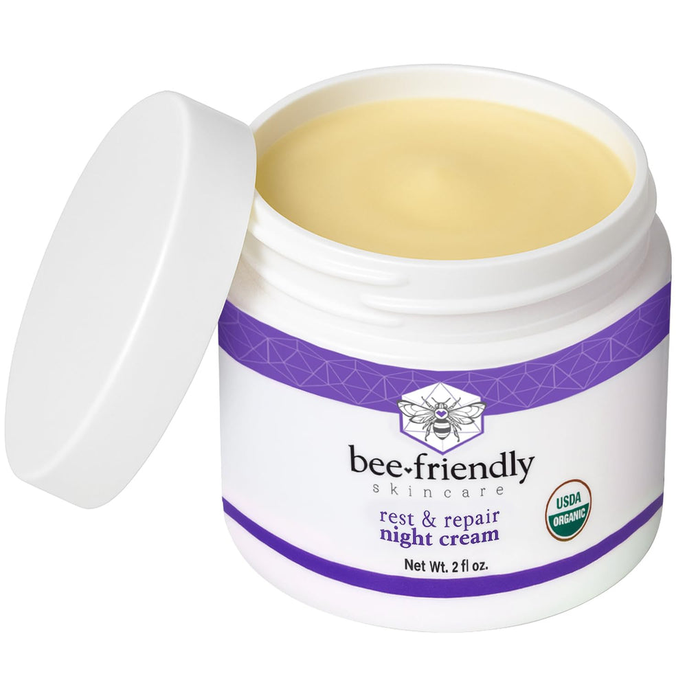 BeeFriendly night cream ingredients closeup emphasizes olive oil and royal jelly benefits.