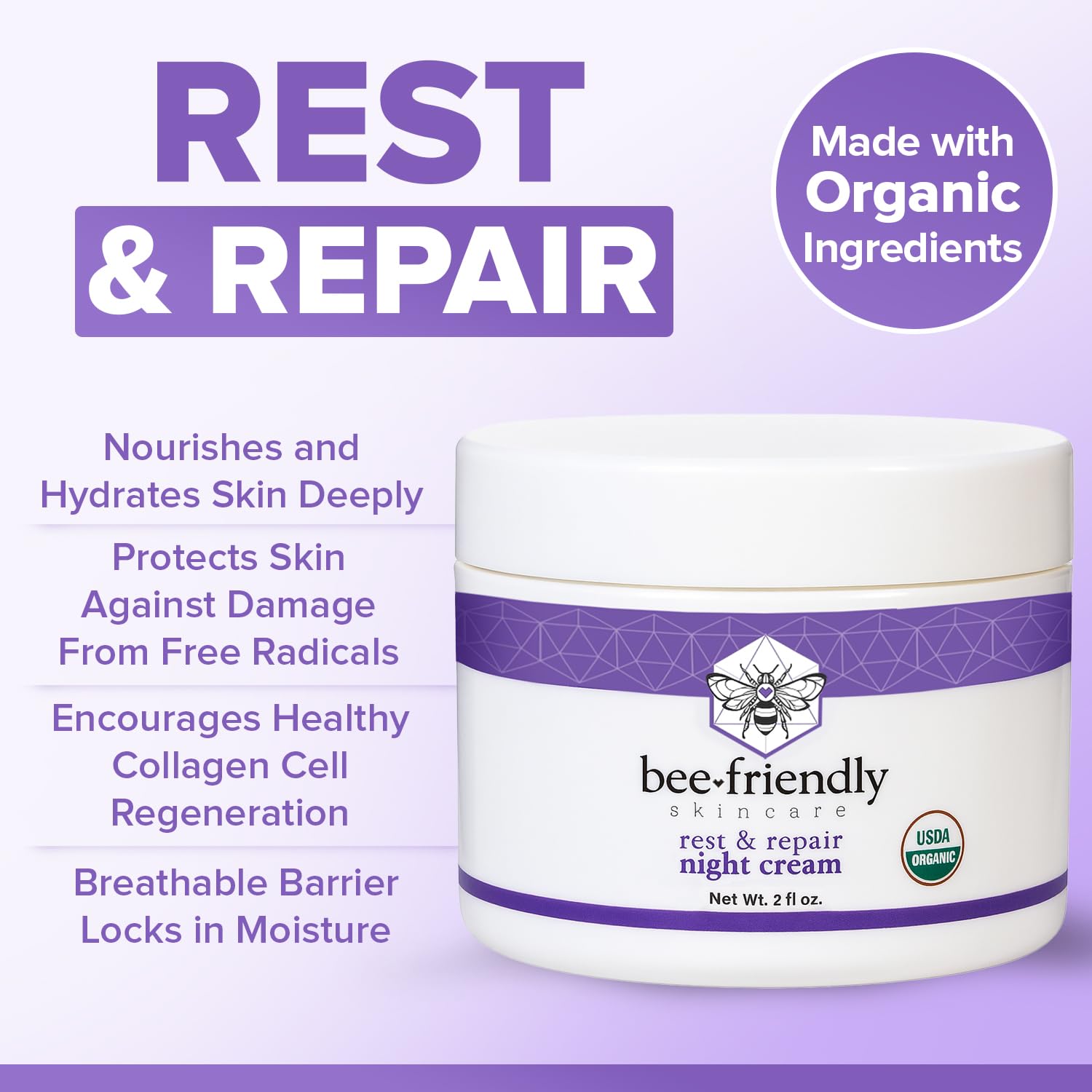 BeeFriendly night cream packaging depicts USA-made quality and small-batch craft.