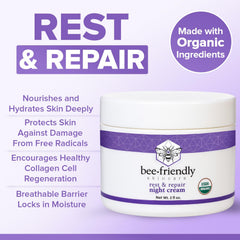 BeeFriendly night cream packaging depicts USA-made quality and small-batch craft.
