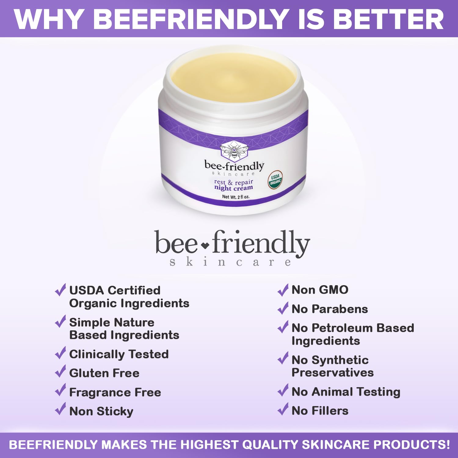BeeFriendly night cream USA facility image signals FDA-registered production.