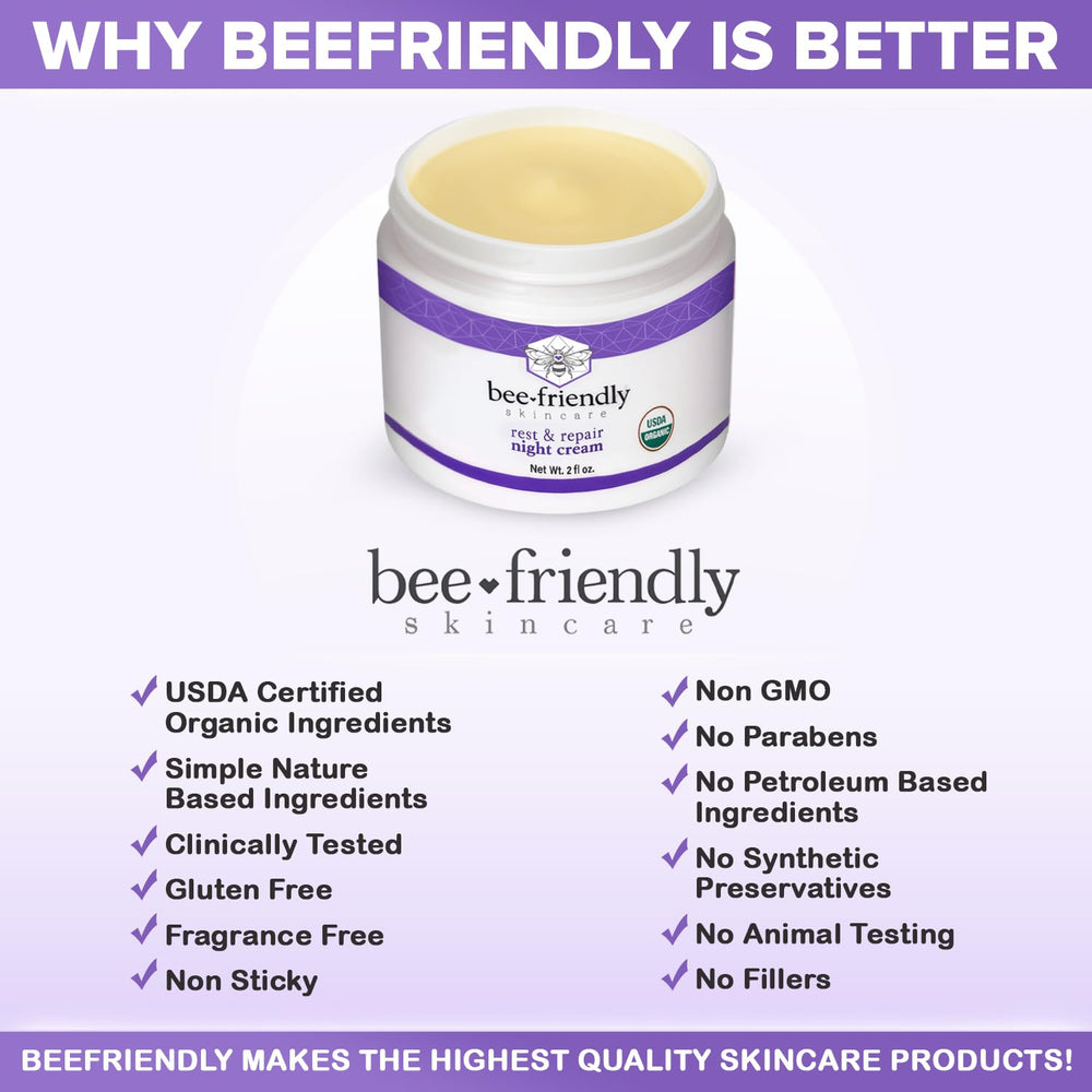 BeeFriendly night cream USA facility image signals FDA-registered production.