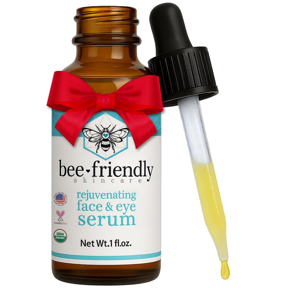 BeeFriendly Organic Face & Eye Serum bottle delivers deep hydration and antioxidant protection.