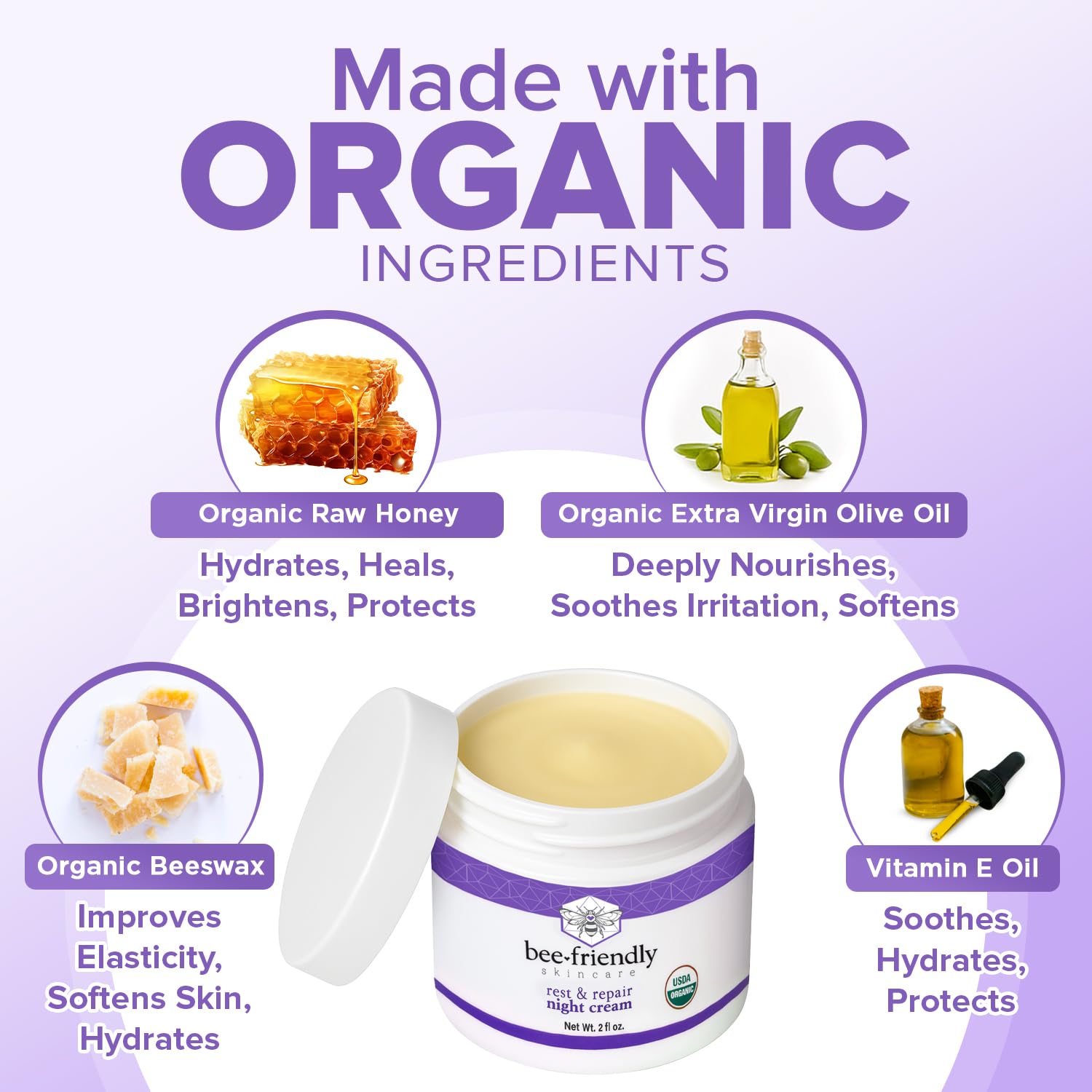 BeeFriendly organic ingredients image highlights honey, propolis, olive oil for antioxidant support.