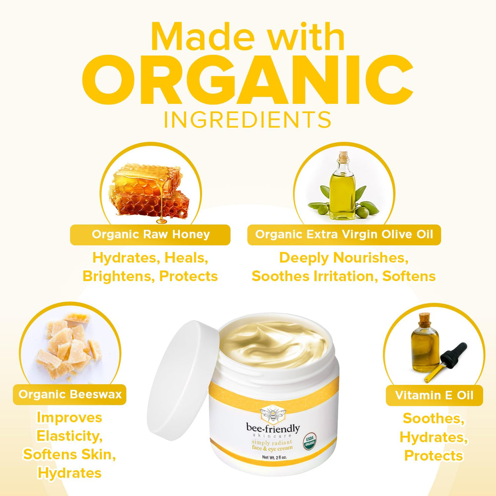 BeeFriendly Organic ingredients panel highlights honey and olive oil for skin nourishment.