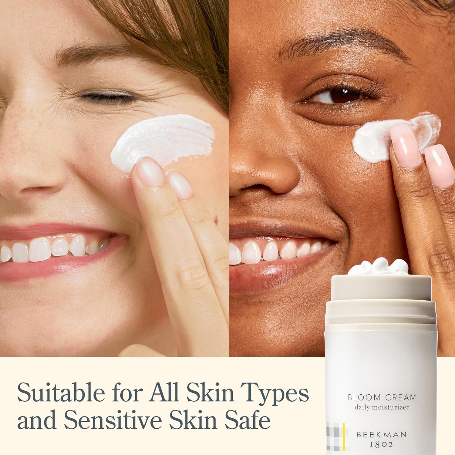 Beekman 1802 Bloom Cream application on skin for a smooth, dewy finish.