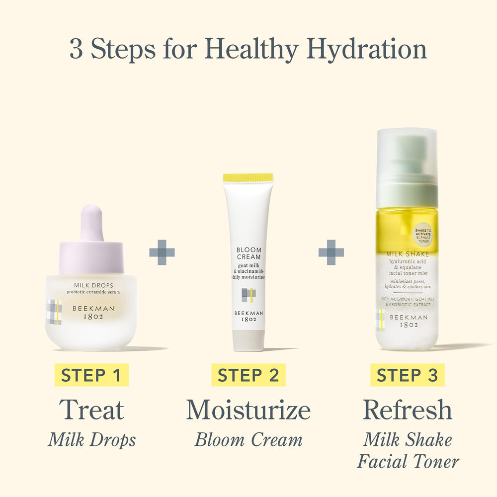 Beekman 1802 Bloom Cream on bathroom counter suggesting a simple skincare routine.