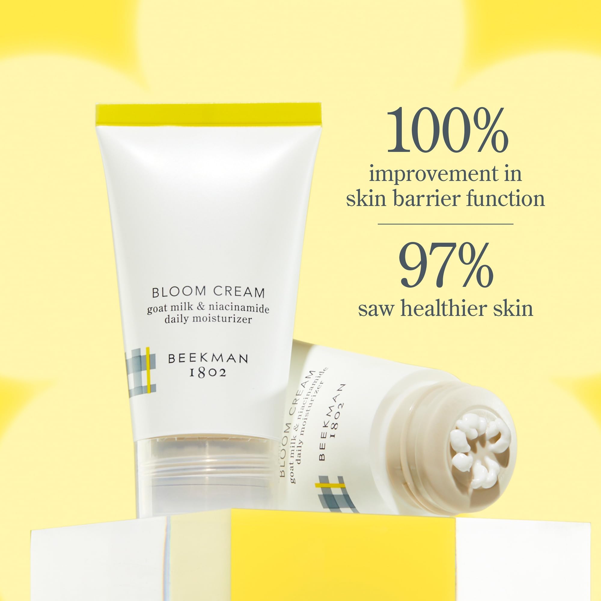 Beekman 1802 Bloom Cream on the face for balanced, dewy hydration.