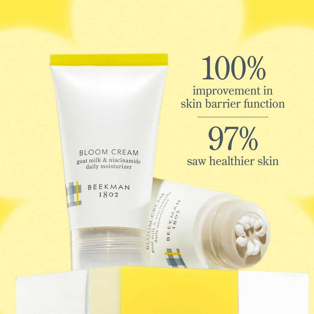 Beekman 1802 Bloom Cream on the face for balanced, dewy hydration.