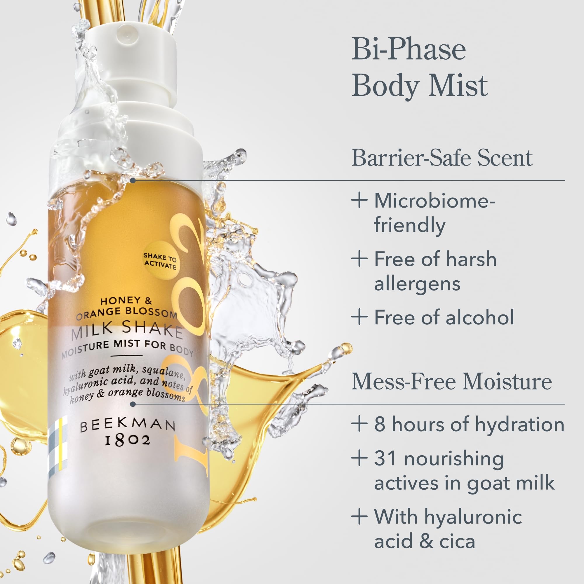 Beekman 1802 Body Mist application shot shows easy, refreshing on-body hydration.