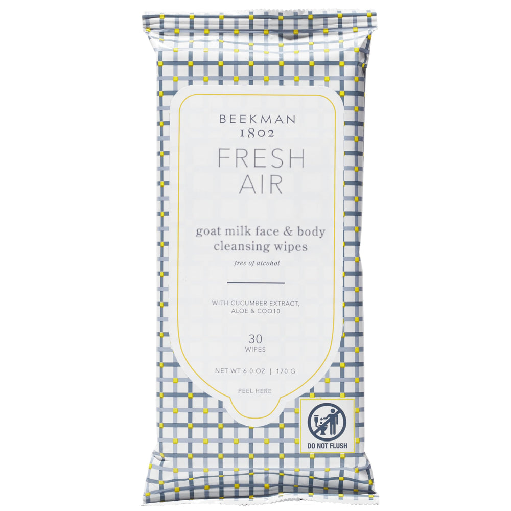 Beekman 1802 Face & Body Wipes Fresh Air packaging—on-the-go cleansing for busy days.