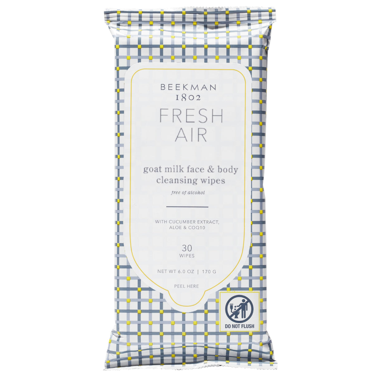 Beekman 1802 Face & Body Wipes Fresh Air packaging—on-the-go cleansing for busy days.