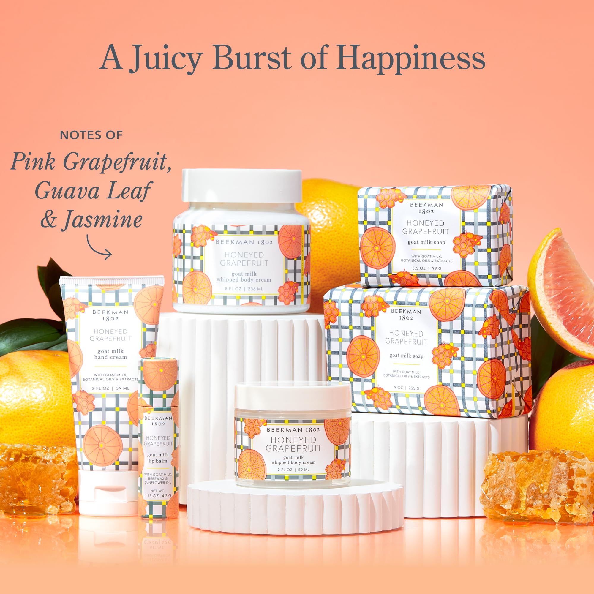 Beekman 1802 Honeyed Grapefruit label highlights biodegradable formula.