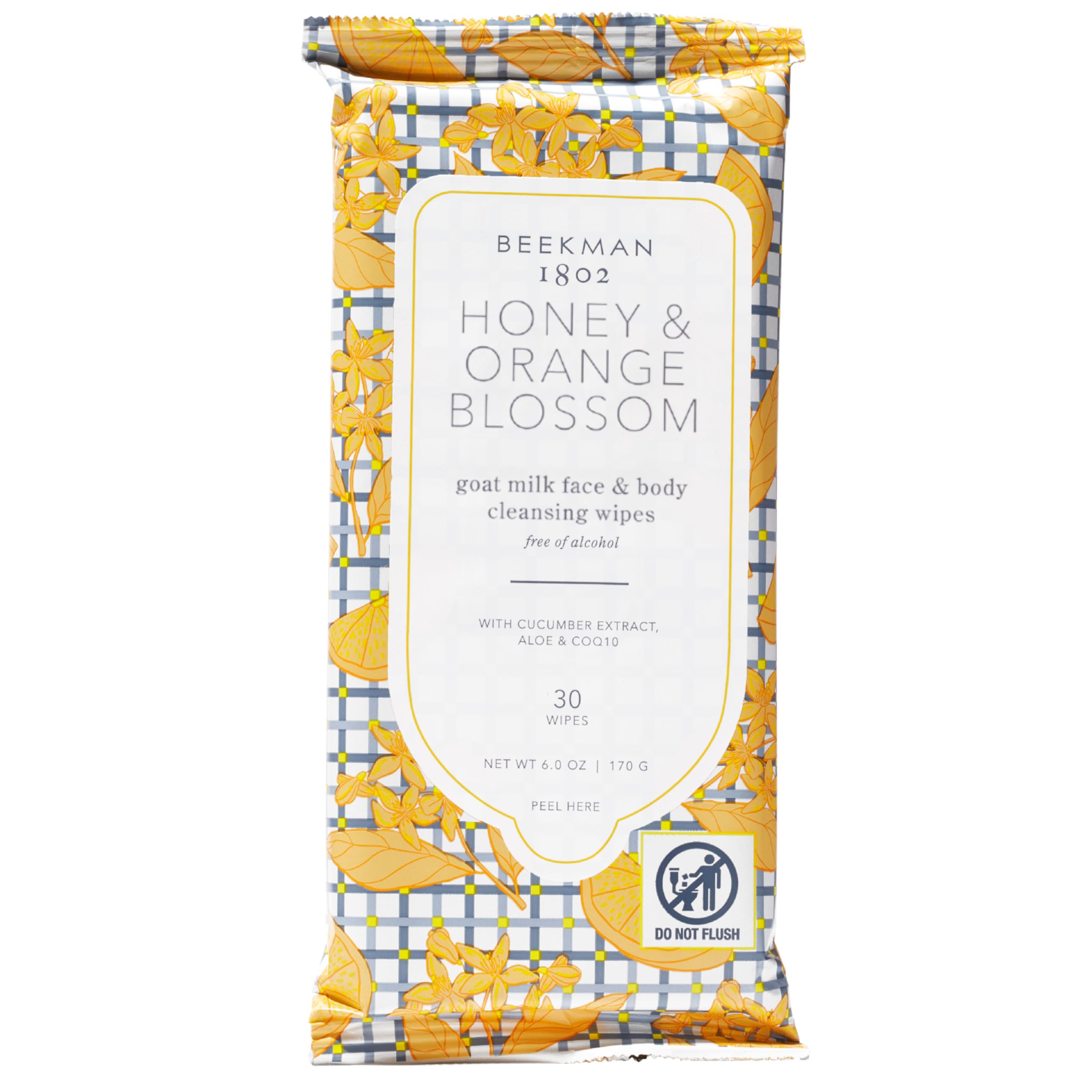 Beekman 1802 face wipes packaging showing honey and orange blossom for gentle cleansing