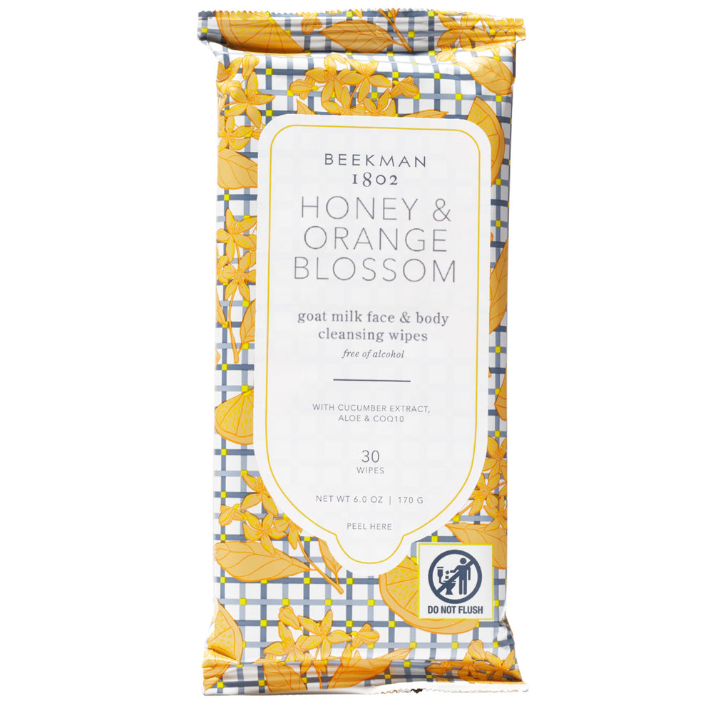 Beekman 1802 face wipes packaging showing honey and orange blossom for gentle cleansing