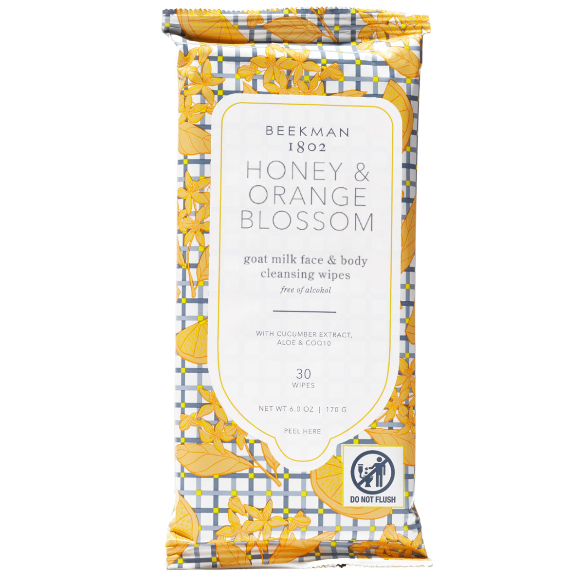 Beekman 1802 face wipes packaging showing honey and orange blossom for gentle cleansing