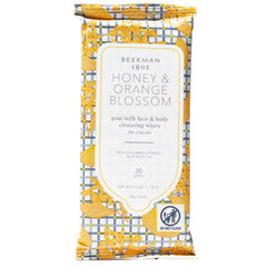 Beekman 1802 face wipes packaging showing honey and orange blossom for gentle cleansing