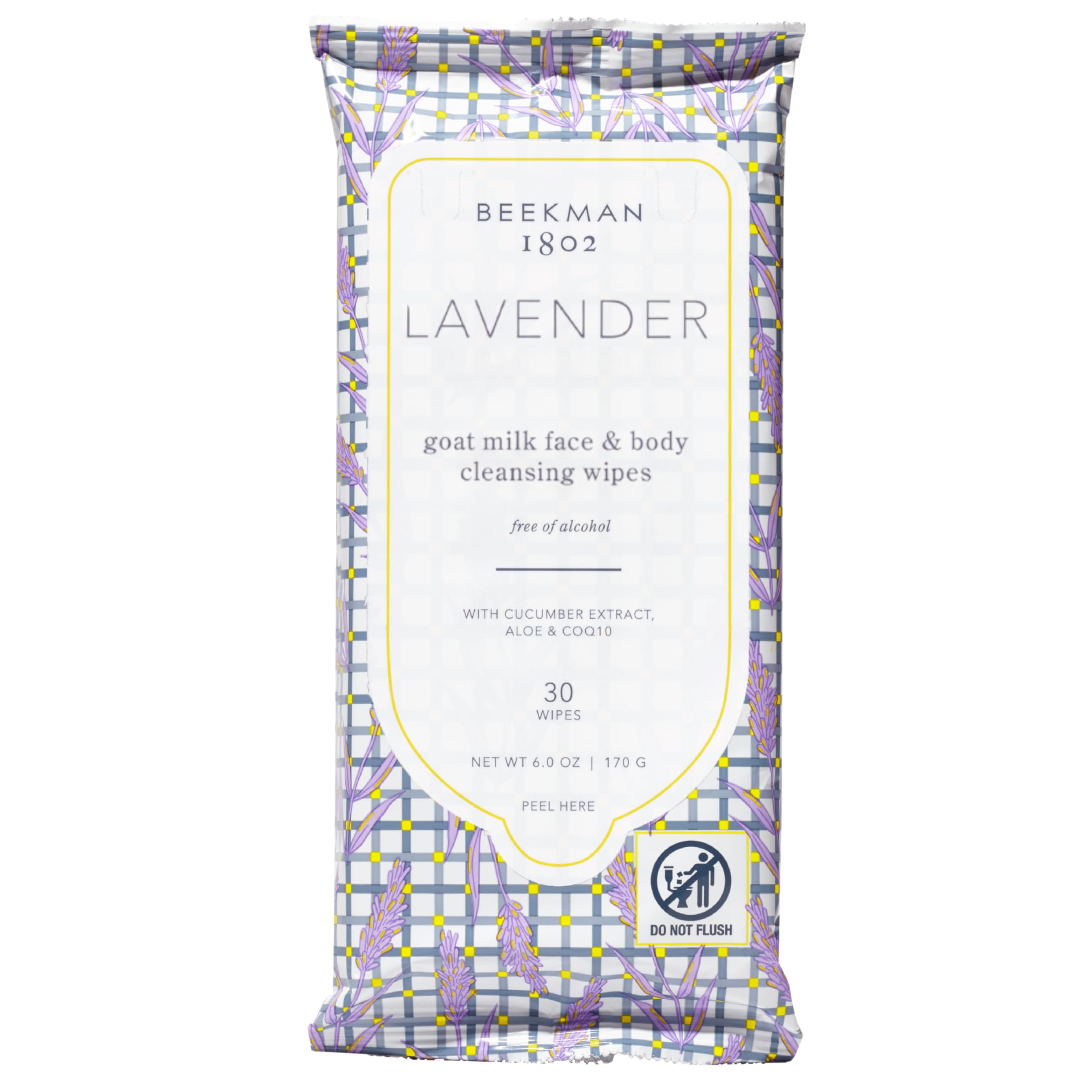 Beekman 1802 face wipes packaging in lavender for on-the-go cleansing.