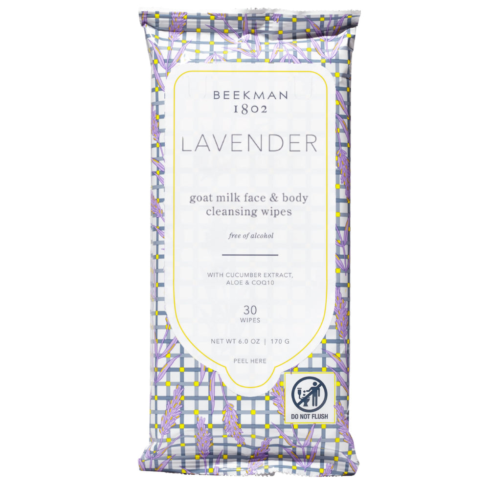 Beekman 1802 face wipes packaging in lavender for on-the-go cleansing.