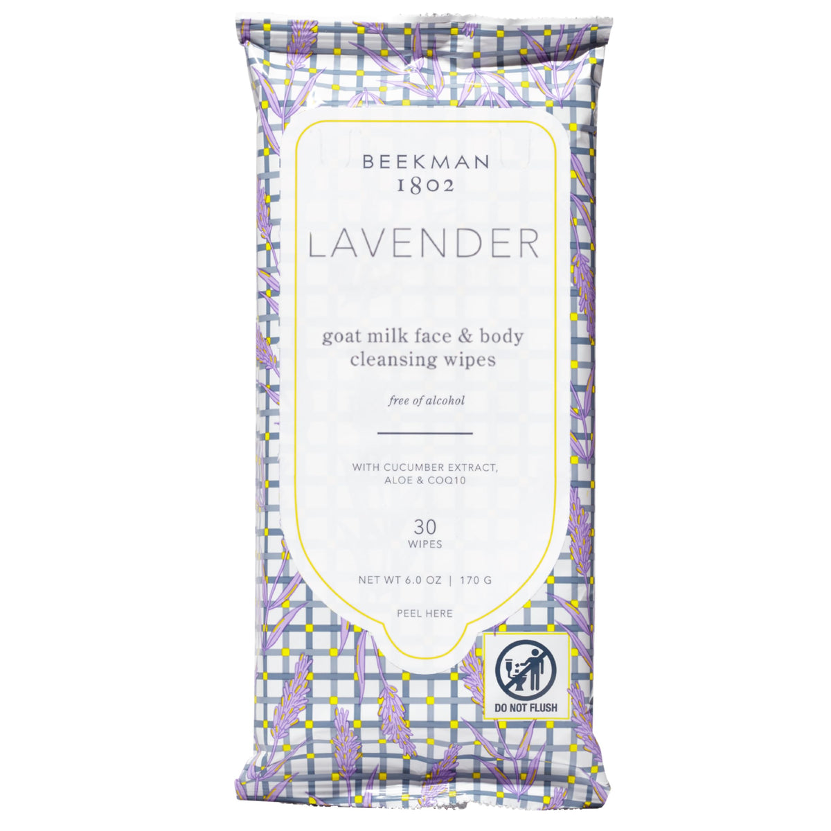 Beekman 1802 face wipes packaging in lavender for on-the-go cleansing.