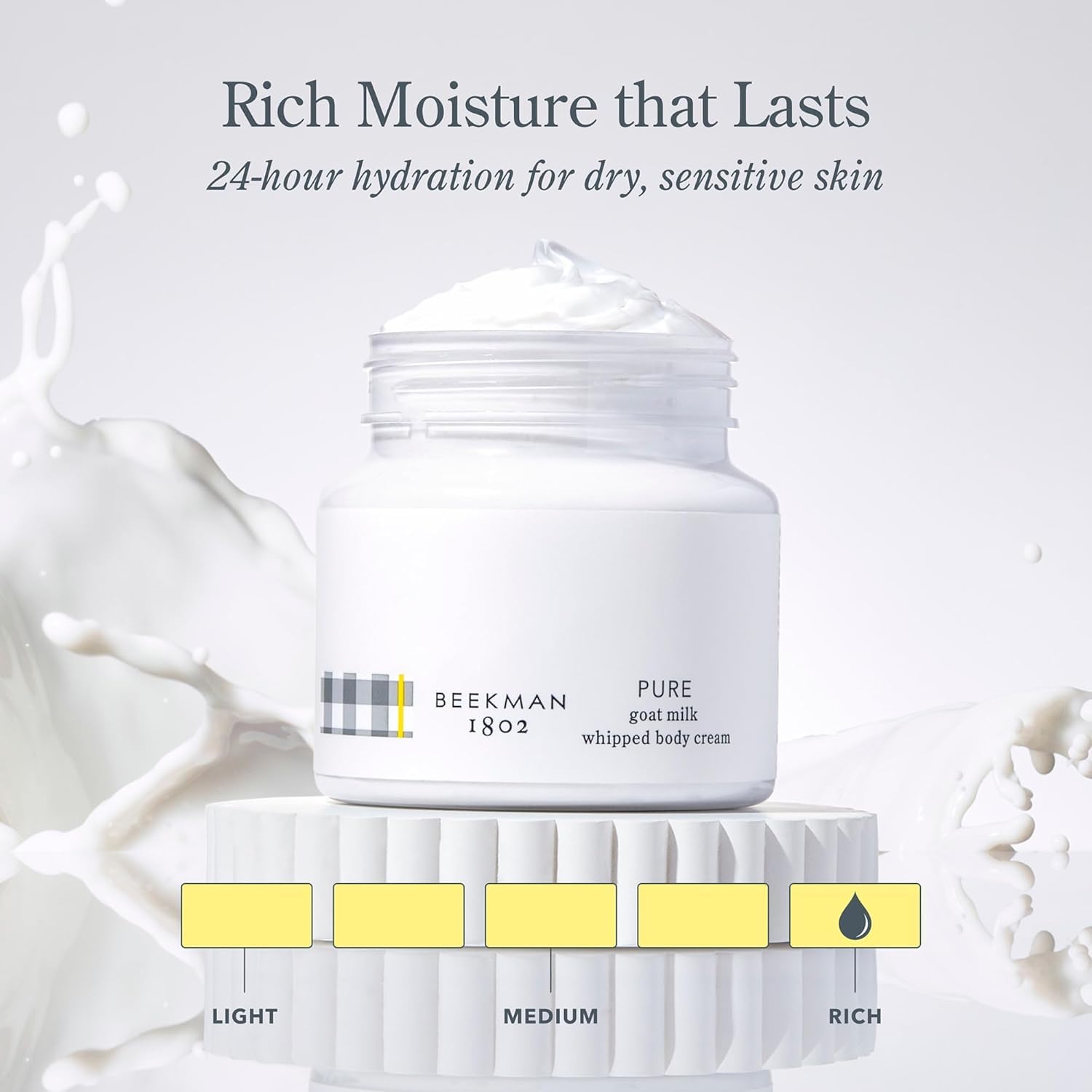 Beekman 1802 fragrance-free skin-care image indicates calm, irritation-free hydration