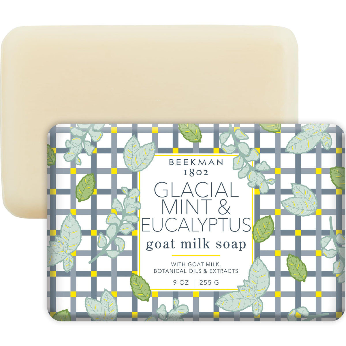 Beekman 1802 Glacial Mint & Eucalyptus soap close-up showing creamy lather for gentle cleansing.