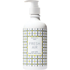 Beekman 1802 Goat Milk Body Lotion Fresh Air bottle shows hydrating formula for sensitive skin