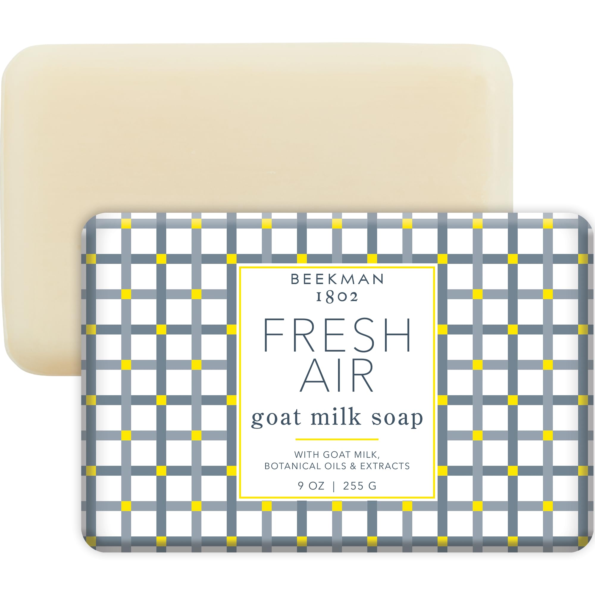 Beekman 1802 Goat Milk Body Soap Bar Fresh Air in hand shows creamy lather for sensitive skin.