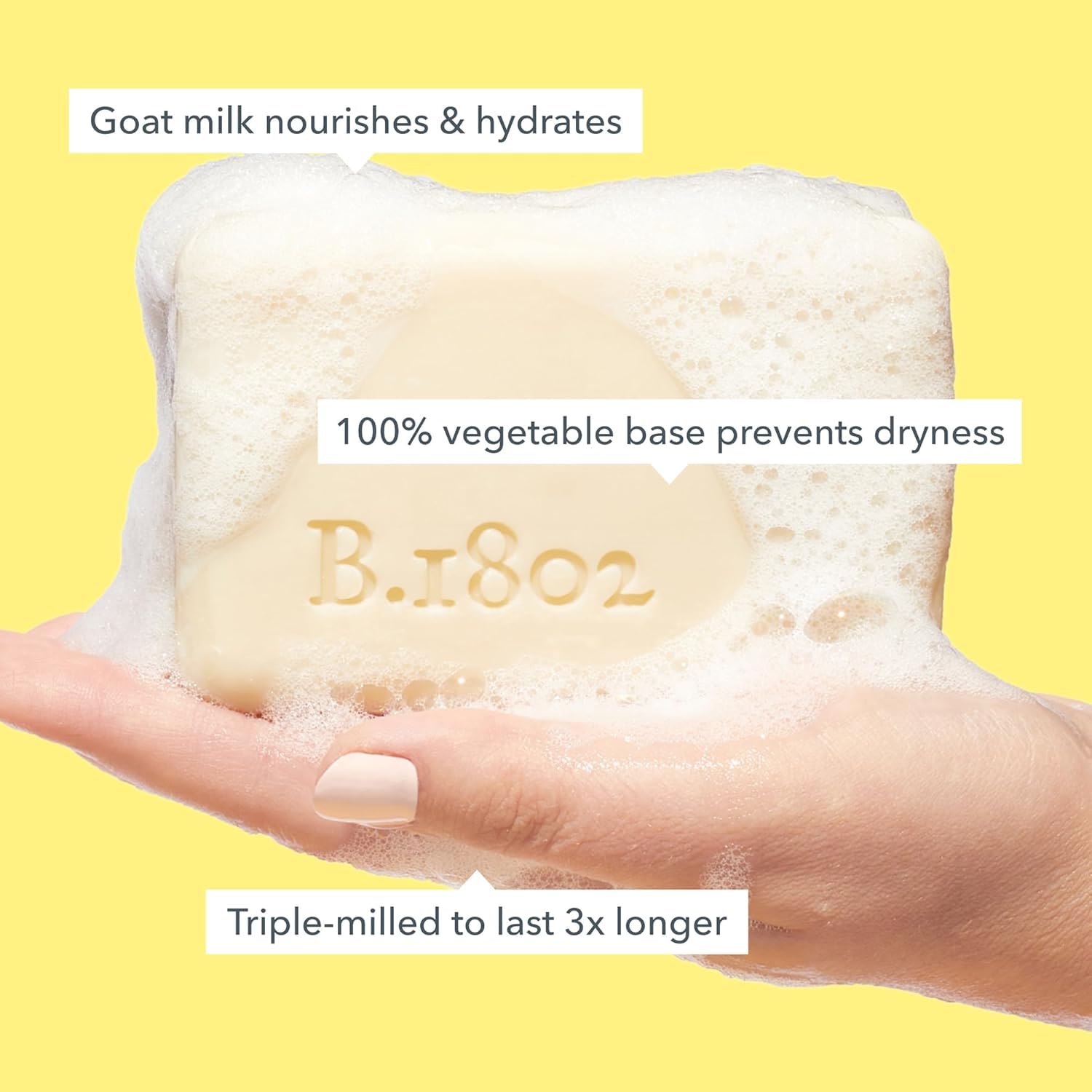Beekman 1802 Goat Milk Bar label features lactic acid and natural ingredients for gentle exfoliation.
