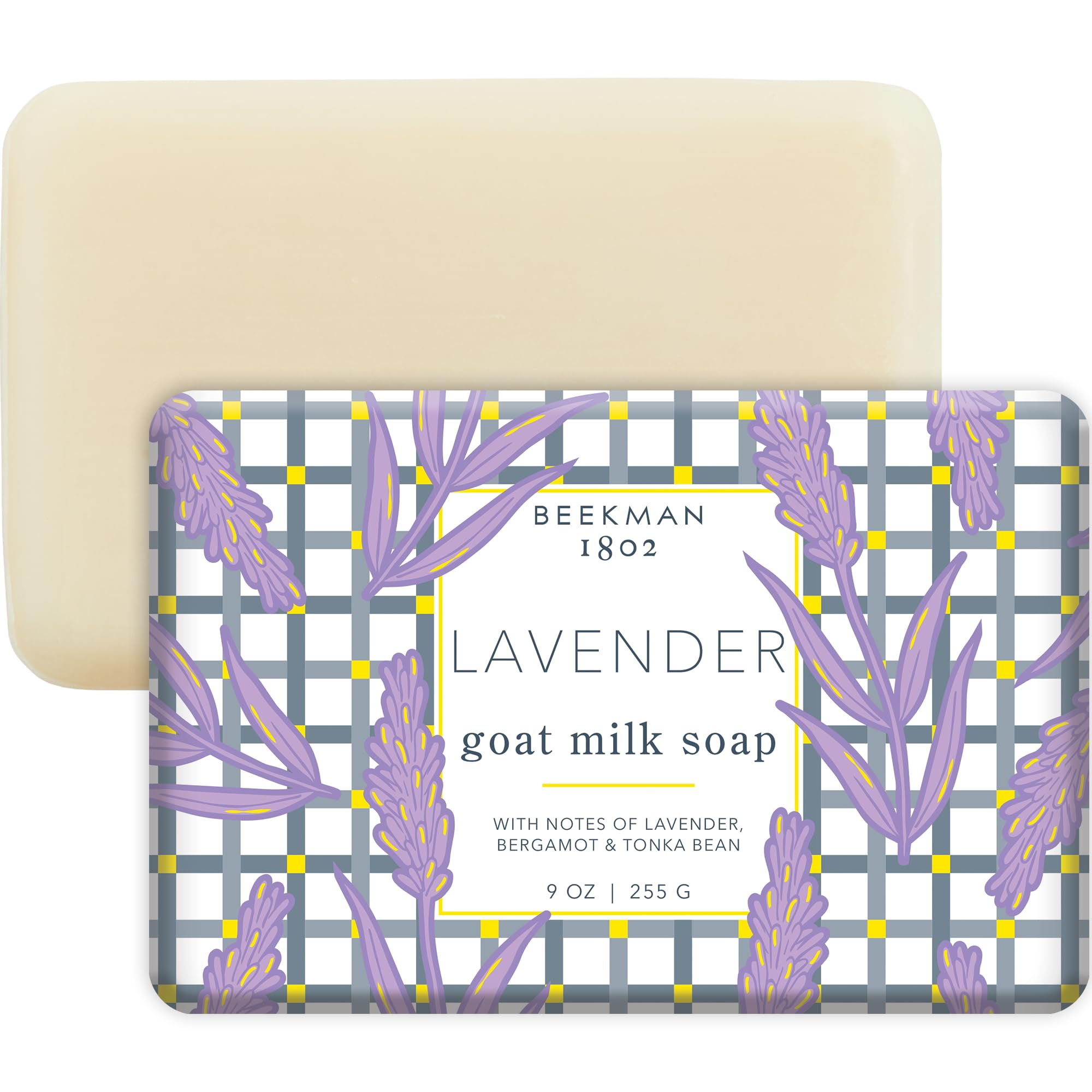 Beekman 1802 Lavender goat milk soap packaging signals gentle, nourishing cleansing.