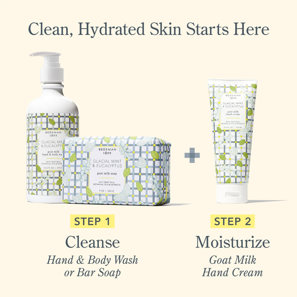 Beekman 1802 goat milk hand wash cruelty-free logo on bottle.
