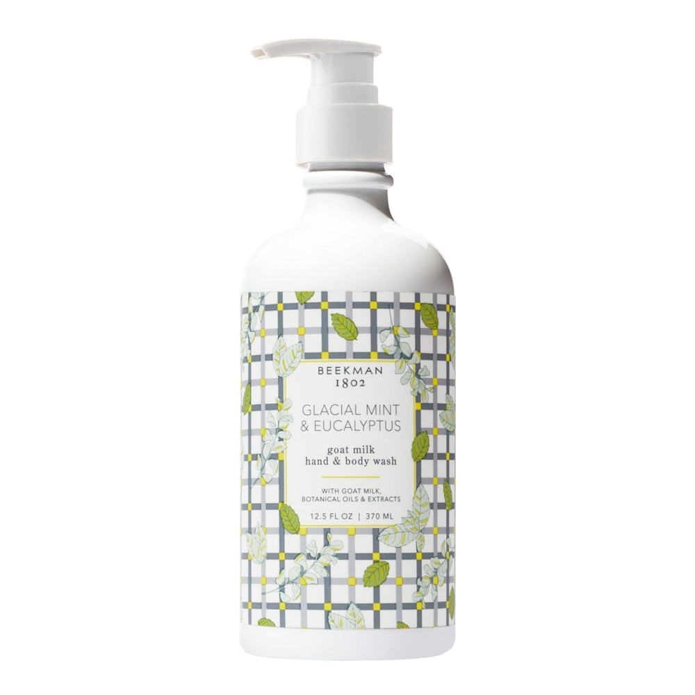 Beekman 1802 goat milk hand wash with glacial mint and eucalyptus in pump for refreshed skin.