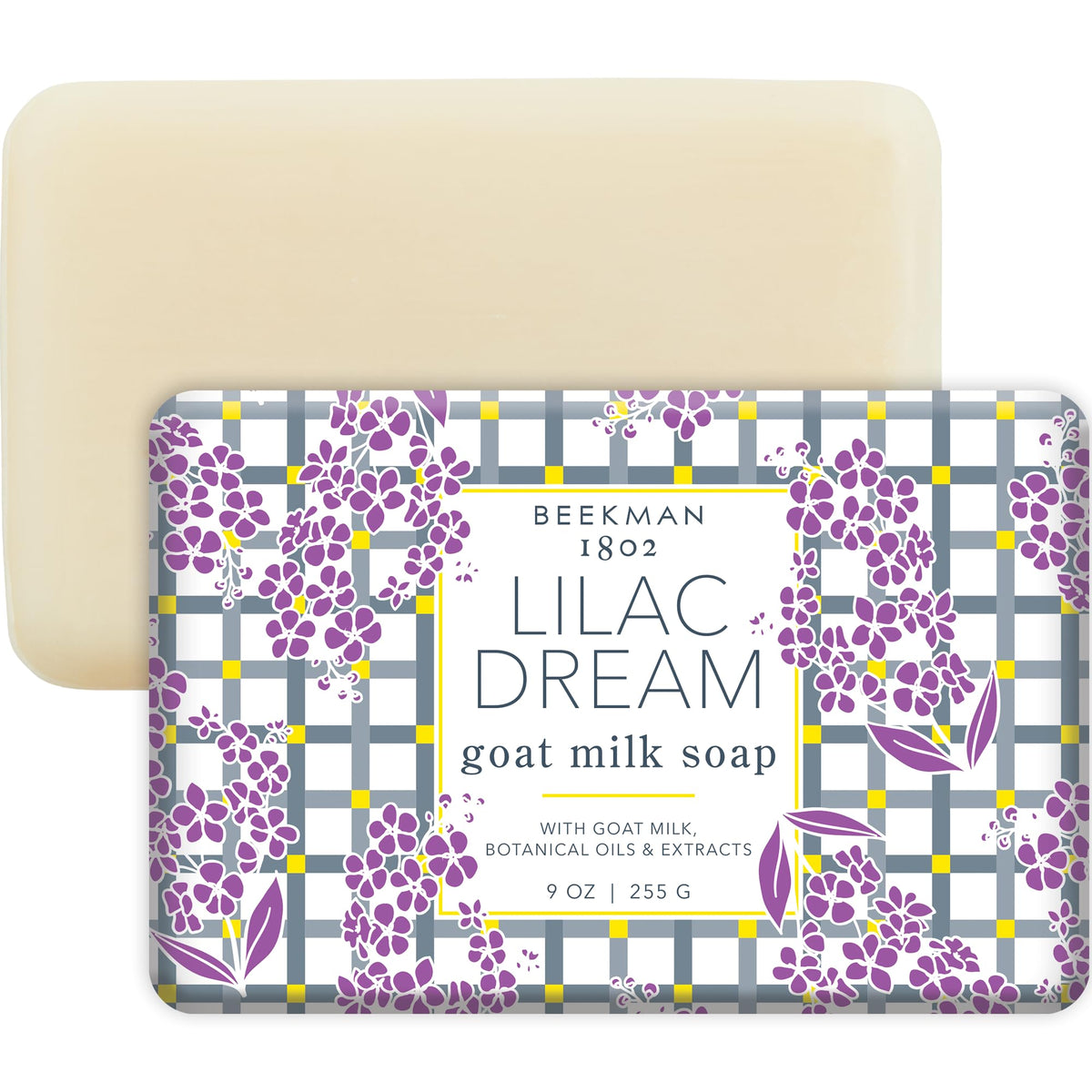 Beekman 1802 Lilac Dream goat milk soap bar closeup shows creamy lather for sensitive skin cleansing.